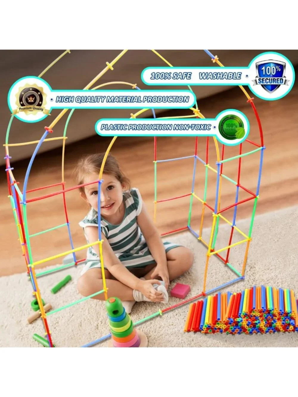 STEM Building Toy Set - 600Pcs Interlocking Straw Blocks for Kids 3-7